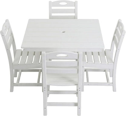 Elountik Outdoor Dining Set for 4, 5-Piece White HDPE Patio Furniture with Square Table and Chairs, Umbrella Hole