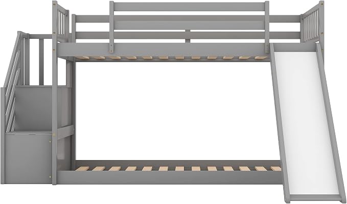 Twin Over Twin Bunk Bed with Slide and for Storage Staircase for Teens, Boys or Girls, No Box Sping Needed