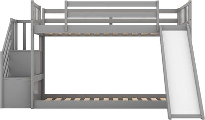 Twin Over Twin Bunk Bed with Slide and for Storage Staircase for Teens, Boys or Girls, No Box Sping Needed
