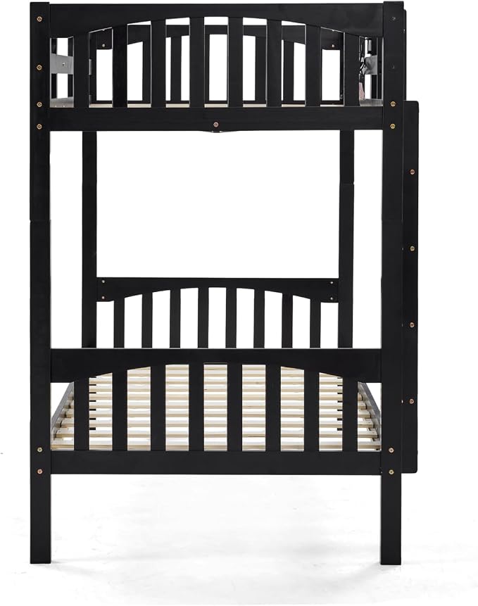VINGLI Solid Wood Bunk Bed Twin Over Twin with RGB LED Light and Charging Station,15 inches Extra Tall Guardrail, Convertable 2 Deckers Bed, Heavy Duty Wood Slat Support, Black