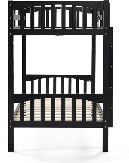 VINGLI Solid Wood Bunk Bed Twin Over Twin with RGB LED Light and Charging Station,15 inches Extra Tall Guardrail, Convertable 2 Deckers Bed, Heavy Duty Wood Slat Support, Black