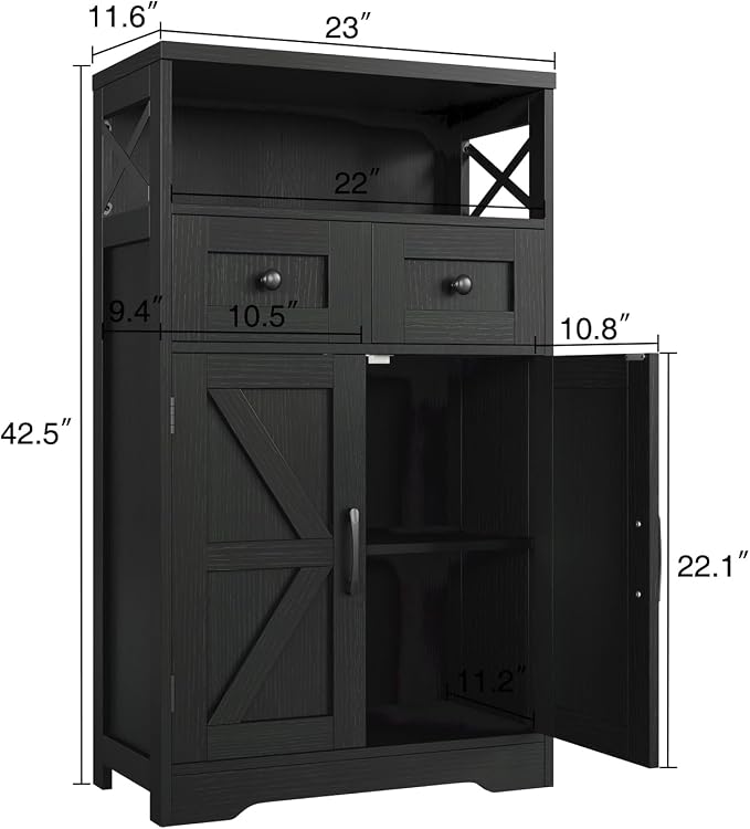 Befrases Set of 2 Black Storage Cabinet with Drawers and Shelves, Freestanding Black Kitchen Pantry, Floor Storage Cabinet Hutch Cupboard for Dining, Living Room, Home Office