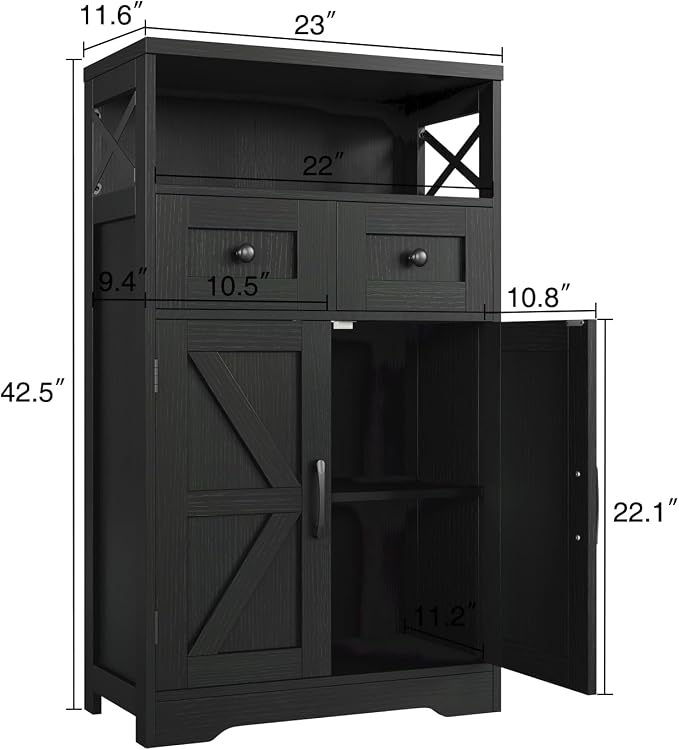 Befrases Black Storage Cabinet with Drawers and Shelves, Freestanding Black Kitchen Pantry, Floor Storage Cabinet Hutch Cupboard for Dining, Living Room, Home Office