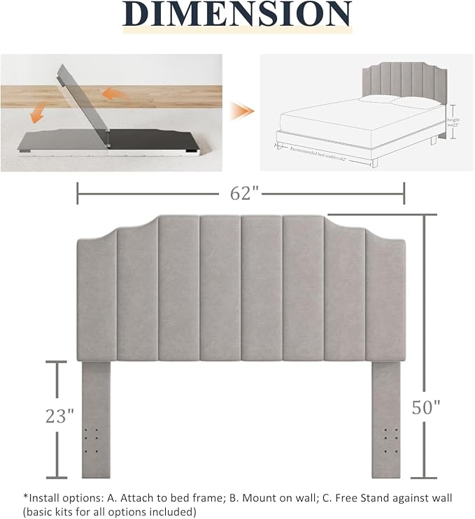 Befurtori Queen Size Headboard Only, Velvet Wall Mounted Headboard Queen Size for Adjustable Bed, Modern Vertical Channel Design with Curved Tufted Upholstered Head Board and Luxury Soft Padded, Gray