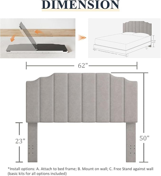 Befurtori Queen Size Headboard Only, Velvet Wall Mounted Headboard Queen Size for Adjustable Bed, Modern Vertical Channel Design with Curved Tufted Upholstered Head Board and Luxury Soft Padded, Gray