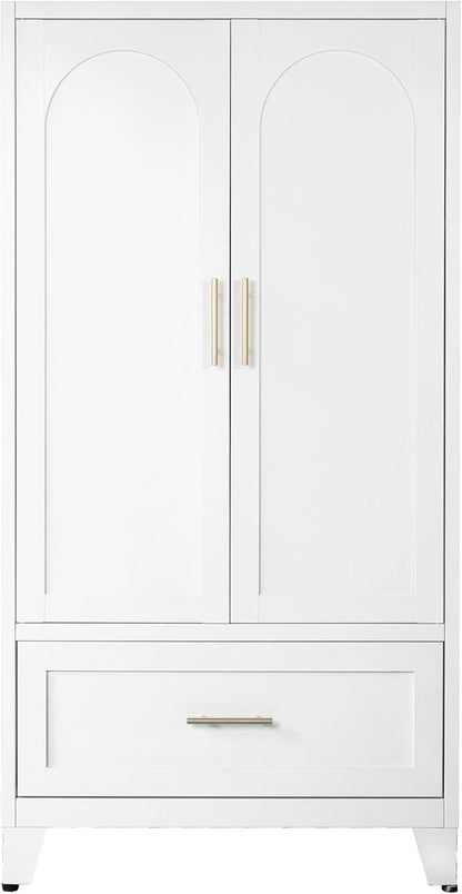 60" Tall Metal Wardrobe Cabinet with 1 Drawer and Hanging Rod, 2 Doors Wardrobe Closet with Shelf for Bedroom, Office, Laundry Room,Entryway,Foyer,Guesthouse White