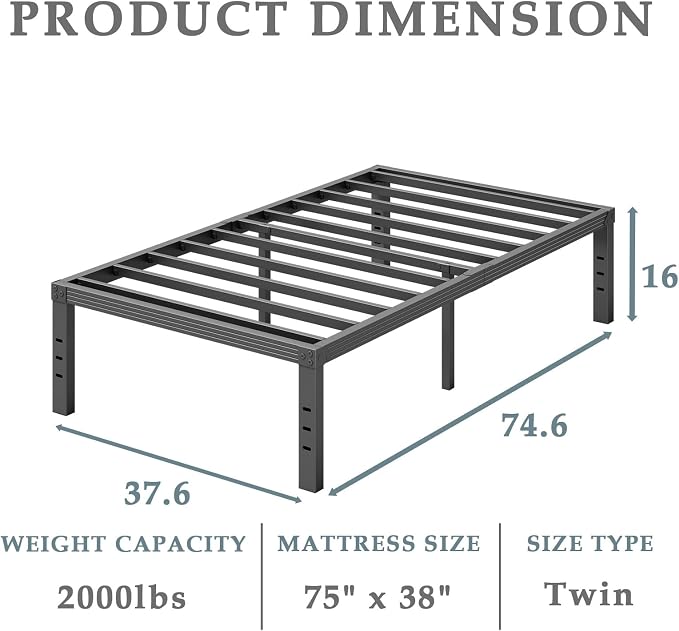 FSCHOS Heavy Duty Twin Size Metal Bed Frame, 16 Inch Clearance, Easy Assembly, No Box Spring Needed, Stable Structure, 2000 LB Weight Capacity, Under-Bed Storage Space, Black