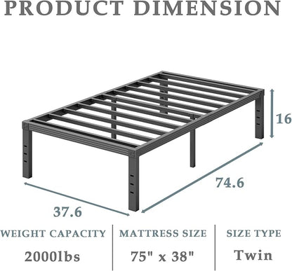 FSCHOS Heavy Duty Twin Size Metal Bed Frame, 16 Inch Clearance, Easy Assembly, No Box Spring Needed, Stable Structure, 2000 LB Weight Capacity, Under-Bed Storage Space, Black