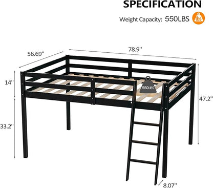 VINGLI Junior Low Loft Bed with Stairs, 47 Inches High Sleeper Bed Full Size for Adults, Kids and Young Teens, No Box Spring Required, Solid Wood Slat Support, Black