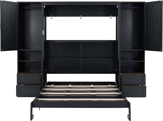 Merax Queen Size Murphy Bed with Desk, Multifunctional Foldable Wall Bed with Closet, Drawers and Shelves, Space-Saving Wood Bed Frame for Small Space Studio Study Office Guest Room, Black(Oak Veneer)