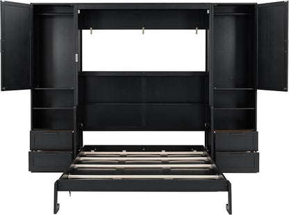Merax Queen Size Murphy Bed with Desk, Multifunctional Foldable Wall Bed with Closet, Drawers and Shelves, Space-Saving Wood Bed Frame for Small Space Studio Study Office Guest Room, Black(Oak Veneer)