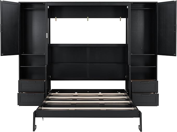 Merax Queen Size Murphy Bed with Desk, Closet, Drawers and Shelves, Fold into The Wall, Space-Saving Foldable Wood Platform Bed Frame for Small Spaces Studio Study Office Guest Room, Black(Oak Veneer)