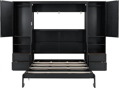 Merax Queen Size Murphy Bed with Desk, Closet, Drawers and Shelves, Fold into The Wall, Space-Saving Foldable Wood Platform Bed Frame for Small Spaces Studio Study Office Guest Room, Black(Oak Veneer)