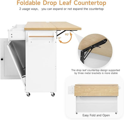 ONBRILL 60" Kitchen Island with Power Outlet & Drop Leaf, Rolling Island with Spice Rack & Towel Rack, Kitchen Island Cart with Trash Storage Cabinet, Island Table for Kitchen, White