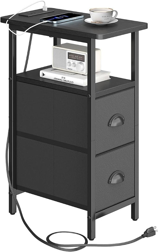 sthmec Narrow End Table with Charging Station, Narrow Side Table with 2 Fabric Drawers, Slim Nightstand, Skinny Bedside Table, Small Side Table for Small Spaces, Living Room, Bedroom, Black