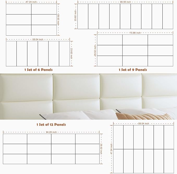 IFNOW Wall Mounted Upholstered Headboard King, 3D Peel and Stick Soundproof Wall Panels, Reusable and Removable Padded Headboard Leather Bed, 12 Panels 9.84" x 23.62", Beige