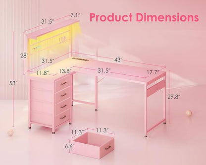 MOTPK L Shaped Gaming Desk with Drawers & LED Light & Power Outlet, 43" Reversible Computer Table with Shelves & Hooks for Home Office, Carbon Fiber Pink