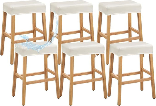 PU Leather Bar Stool Covers Rectangular, 100% Waterproof Stool Covers Rectangle Super Stretch 20% Thicker Leather Saddle Stools Cover Rectangular Counter Bar Stools with Elastic Band (6 PCS, Cream)