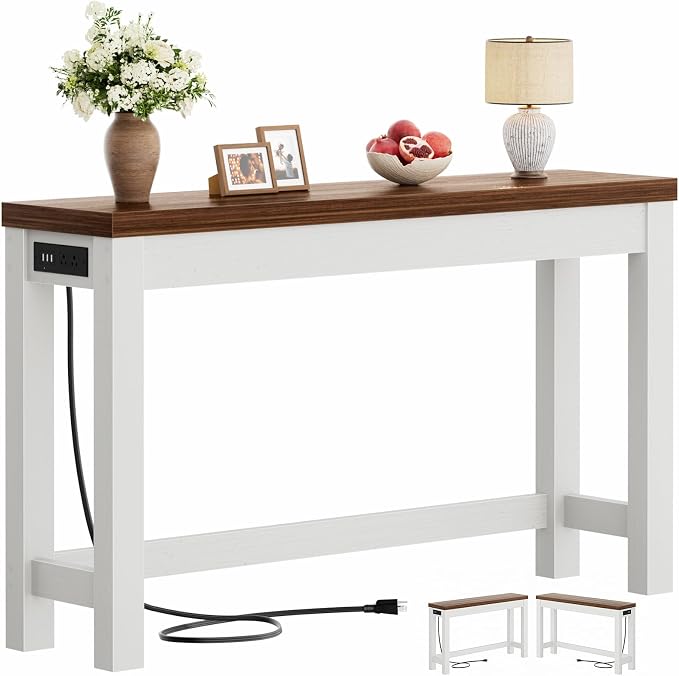 Cyclysio 47" Console Table with Charging Station, 13.8" Deep Farmhouse Sofa Table Behind Couch with 2 AC Outlets & 3 USB Ports, Entryway TV Console or Compact Home Office Desk, Rustic Oak
