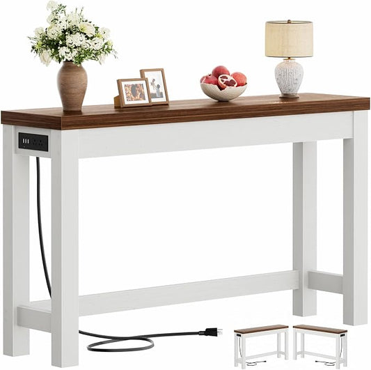 Cyclysio 47" Console Table with Charging Station, 13.8" Deep Farmhouse Sofa Table Behind Couch with 2 AC Outlets & 3 USB Ports, Entryway TV Console or Compact Home Office Desk, Rustic Oak