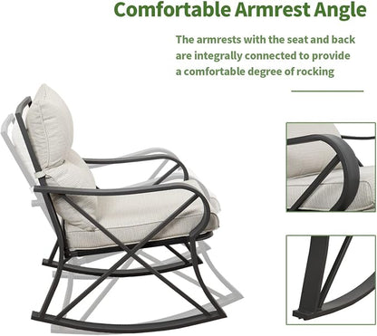 COSIEST 3 Piece Bistro Set Patio Rocking Chairs Outdoor Furniture w Beige Cushions, Glass-Top Table for Garden, Pool, Backyard