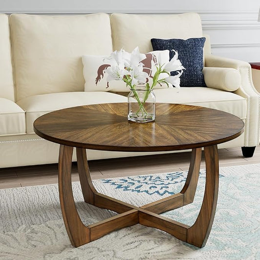 Round Wood Coffee Table, Solid Hardwood Coffee Tables for Living Room, Mid-Century Modern Coffee-Table with Criss-Cross Legs, 33.5" D x 17.7" H, Designed Home Furniture, Easy Assembly, Center Table