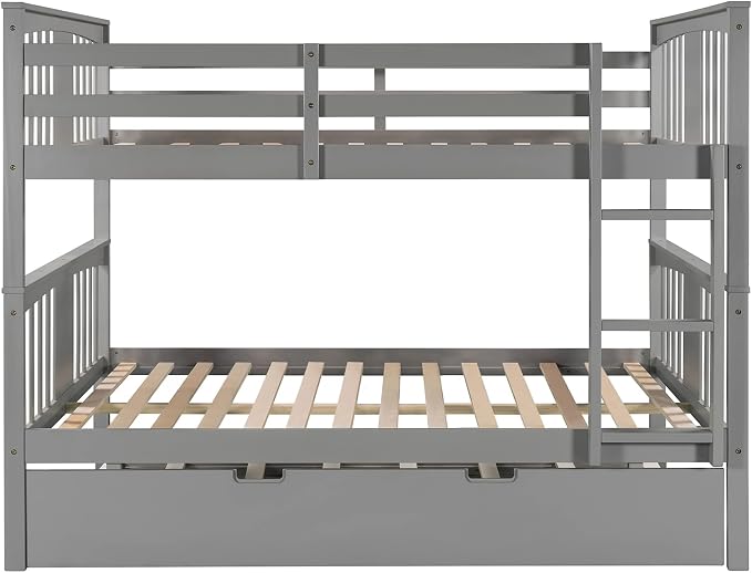 Merax Full-Over-Full Bunk Bed with Twin Trundle, Solid Wood Bunk Bed Frame with Guardrail and Removable Ladder, Can be Separated into 2 Beds, Grey