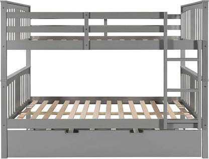 Merax Full Over Full Bunk Bed with Trundle, Convertible to Two Separate Beds, Solid Pine Wood Frame with Safety Guardrail & Headboard/Footboard, Sturdy Durable Design, No Box Spring Needed, Grey