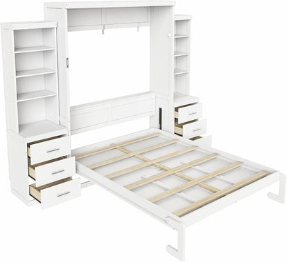 Murphy Bed Queen Size,Murphy Bed with Storage Shelves and Drawers,Wall Bedframe w/Wood Slatk,can be Folded,No Box Spring Needed,for Bedroom Apartment,White