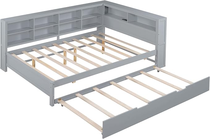 Bellemave Full Corner Bed Frame with Trundle, Wood Full Size Daybed with L-Shaped Bookcase，Daybed with Storage Cabinets, Gray