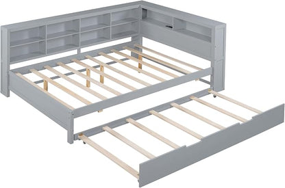 Bellemave Full Corner Bed Frame with Trundle, Wood Full Size Daybed with L-Shaped Bookcase，Daybed with Storage Cabinets, Gray