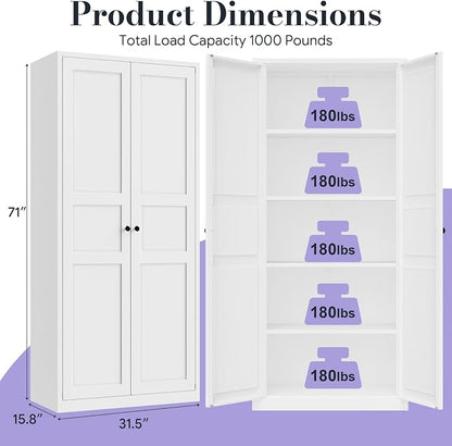 71" Tall Metal Pantry Cabinet,Kitchen Pantry Cabinet with 4 Adjustable Shelves and Magnetic Doors,Cupboard for Kitchen/Dining Room/Bathroom/Home Office(White)