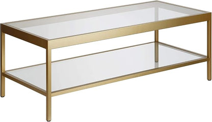 Henn&Hart 45" Wide Rectangular Rectangular Coffee Table in Brass, Modern Rectangular Coffee Tables for living room, studio apartment essentials | Open lower shelf adds practical storage while the glass design keeps spaces feeling bright