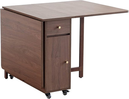 COMUHOME Extendable Drop Leaf Foldable Dining Table with 2 Drawers and 4 Wheels for Living Room Kitchen Farmhouse Space Saving Table in Walnut