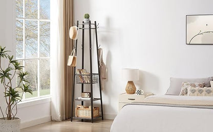 VECELO Industrial Coat Rack,Enterway Clothes Stand with 2 Tier Storage Shelves and Metal Basket,Upgrade Hall Trees with 8 Dual Hooks,Antique Brown