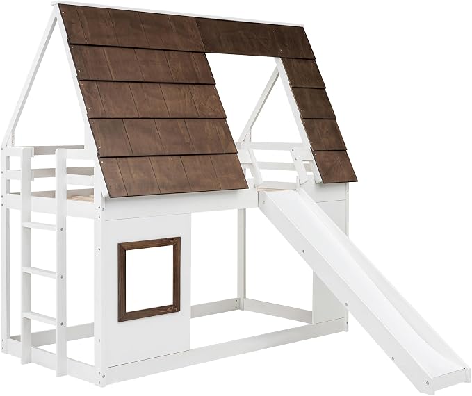 YOPTO Wood Twin Size House Bunk Bed with Roof, Ladder and Slide,Bedroom Low Loft Bed Frame,W/Guardrail,No Box Spring Needed,for Kids,Teens,Girls,Boys White+Brown