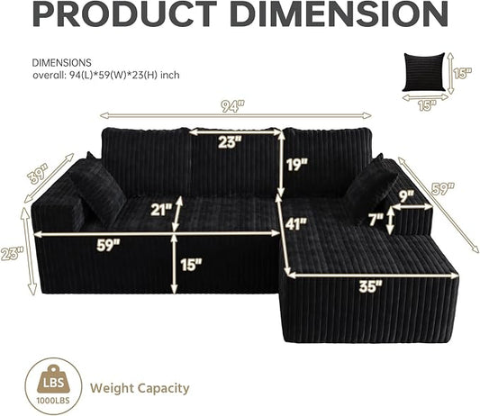 SYFERLORY Cloud Boneless Sectional Couches with Oversized Chaise for Living Room, Modular L Shaped Couch with Deep Seat, Memory Foam Compressed 3 Seater Sofa for Apartment