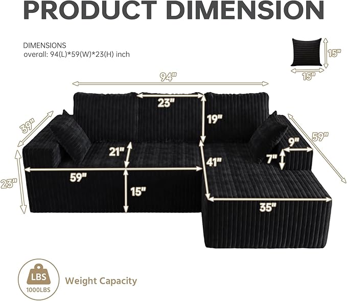 Cloud Boneless Sectional Couches with Oversized Chaise for Living Room, Modular L Shaped Couch with Deep Seat, Memory Foam Compressed 3 Seater Sofa for Apartment