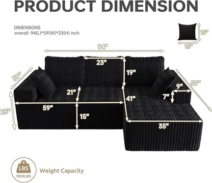 Cloud Boneless Sectional Couches with Oversized Chaise for Living Room, Modular L Shaped Couch with Deep Seat, Memory Foam Compressed 3 Seater Sofa for Apartment