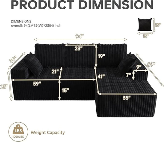 Cloud Boneless Sectional Couches with Oversized Chaise for Living Room, Modular L Shaped Couch with Deep Seat, Memory Foam Compressed 3 Seater Sofa for Apartment