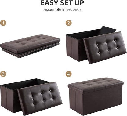 YOUDENOVA Folding Storage Ottoman, Faux Leather Ottoman Bench Footrest Ottoman, Storage Chest Padded Seat for Bedroom and Living Room, Brown, 15" D x 30" W x 15" H