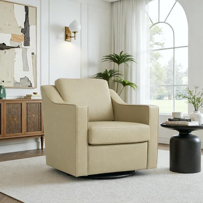 Faux Leather Swivel Accent Chair, 360° Swivel Upholstered Club Armchairs for Living Room, Comfy Single Sofa Reading Chair with Deep Seat, Metal Swivel Base, Cream