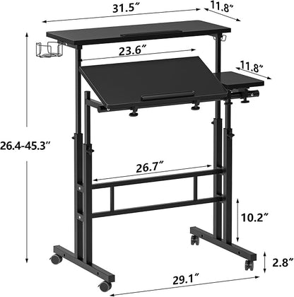SogesHome 31.5 inch Mobile Standing Desk Adjustable Computer Desk Rolling Laptop Cart Portable Laptop Stand on Wheels Home Office Workstation with Cup Holder,Headphone Holder, Upgrade Black