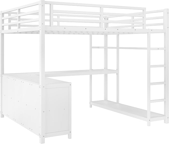 Bellemave Queen loft Bed with L Desk, Wardrobe, Metal Queen Size Loft Bed Frame for Adults, Kids, Teens, White