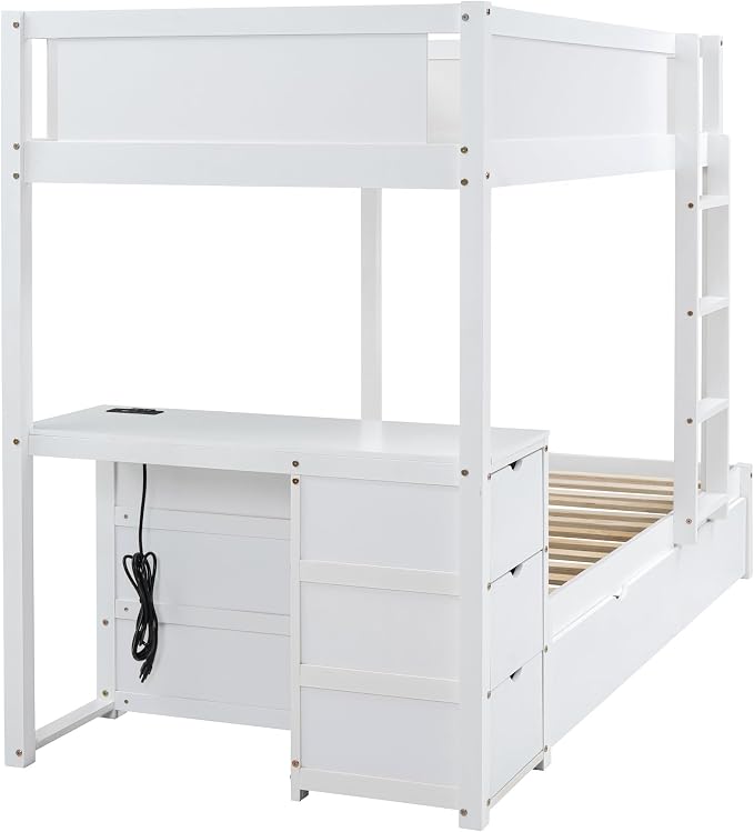 Harper & Bright Designs Twin Over Twin Bunk Bed Twin Size Trundle, Wood Twin Bunk Bed with USB Ports, Storage and Desk, White