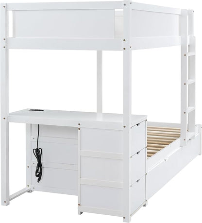 Harper & Bright Designs Twin Over Twin Bunk Bed Twin Size Trundle, Wood Twin Bunk Bed with USB Ports, Storage and Desk, White