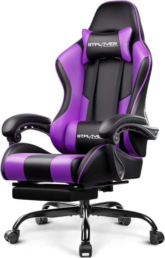 GTPLAYER Gaming Chair, Computer Chair with Footrest and Lumbar Support, Height Adjustable Game Chair with 360°-Swivel Seat and Headrest and for Office or Gaming (Faux Leather, Purple)