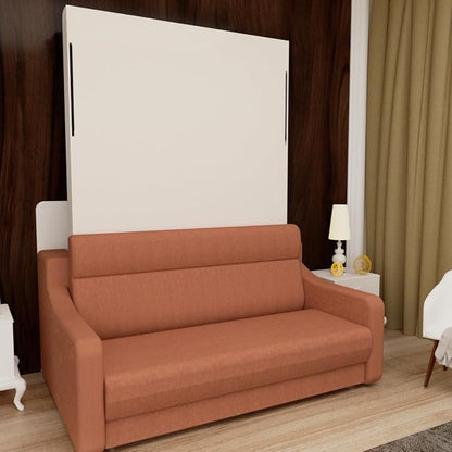 Full Size Murphy Bed Cabinet with Loveseat Sofa, White Hidden Beds,Wall Bedframe w/Orange Couch for Bedroom,Space-Saving, Noise Free