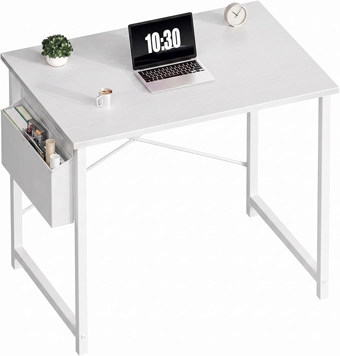 OLIXIS Small Computer Desk, 31 Inch Home Office Desks, Writing Study Craft Work Gaming Table, Computer Workstation for Bedroom Small Spaces with Storage Bag, All White