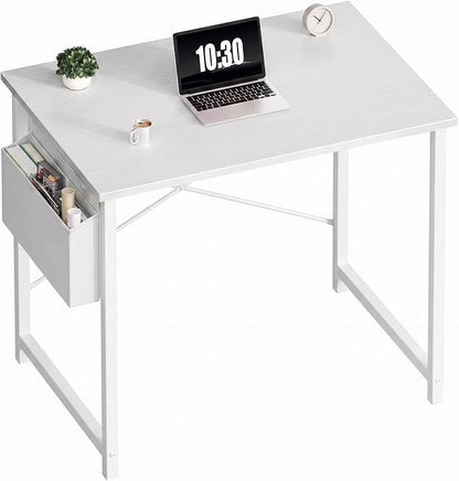 OLIXIS Small Computer Desk, 31 Inch Home Office Desks, Writing Study Craft Work Gaming Table, Computer Workstation for Bedroom Small Spaces with Storage Bag, All White